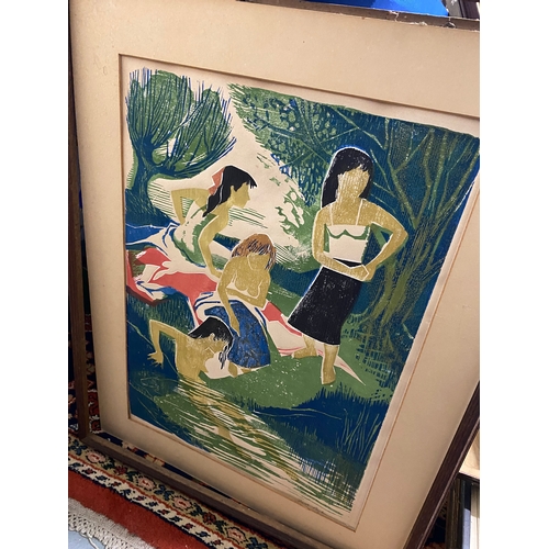 100 - Woodblock print by Frank Martin Title of Picture No.3 'Bathers' signed lower right pencil. Will need... 