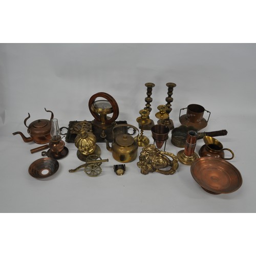 103 - Heavy Grecian style door knocker, trench art items  and mixture of other brass and copper items