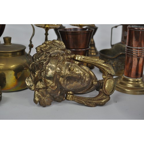 103 - Heavy Grecian style door knocker, trench art items  and mixture of other brass and copper items