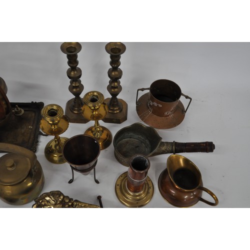 103 - Heavy Grecian style door knocker, trench art items  and mixture of other brass and copper items