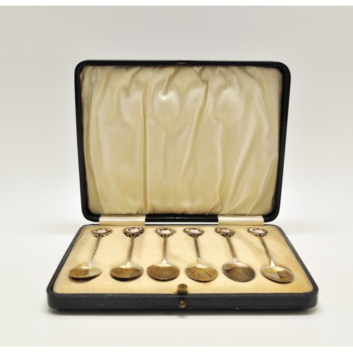 116 - Boxed set of x6 silver spoons with twisted handle design and enamel Pekingese dog finials, hallmarke... 