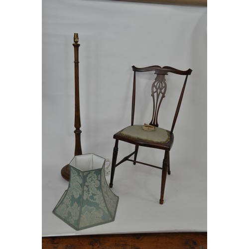 137 - Antique bedroom chair (H79cm) together with a wooden lamp base and damask style shade, Approx height... 