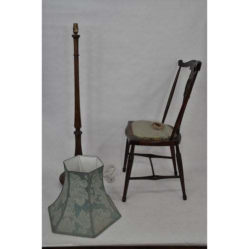 137 - Antique bedroom chair (H79cm) together with a wooden lamp base and damask style shade, Approx height... 