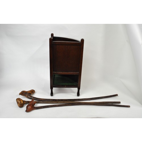 145 - Deco style corner stick/umbrella stand with metal liner, together with x3 blackthorn sticks with han... 