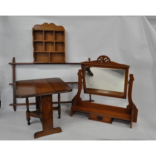 153 - Furniture parcel consisting table top mirror, gate leg table, x2 display shelving/units. x4 items in... 