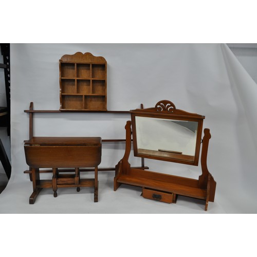 153 - Furniture parcel consisting table top mirror, gate leg table, x2 display shelving/units. x4 items in... 