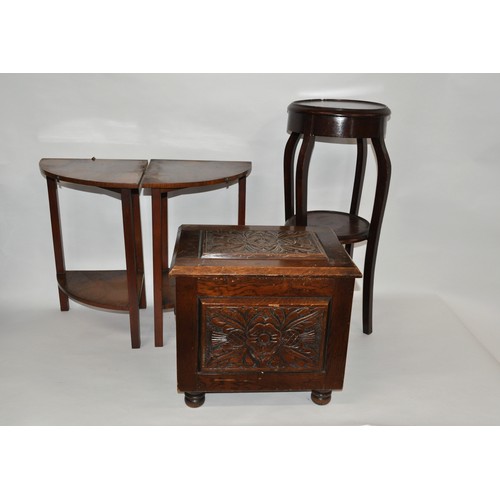 155 - Furniture parcel - Consisting of a pair of small corner shelves, a two tier mahogany plant stand/jar... 