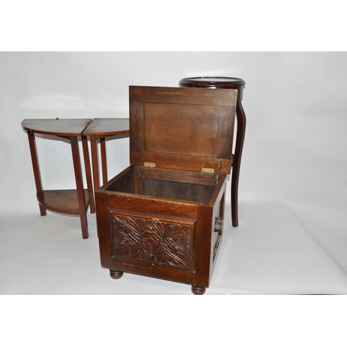 155 - Furniture parcel - Consisting of a pair of small corner shelves, a two tier mahogany plant stand/jar... 