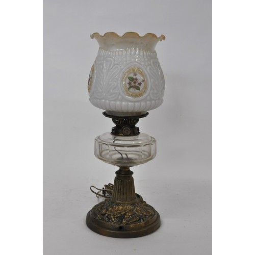 164 - Converted  oil lamp with decorative vines / flower design to base and shade. Fittings are marked 'Hi... 