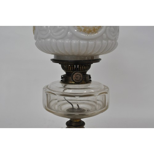 164 - Converted  oil lamp with decorative vines / flower design to base and shade. Fittings are marked 'Hi... 