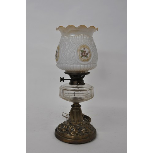 164 - Converted  oil lamp with decorative vines / flower design to base and shade. Fittings are marked 'Hi... 