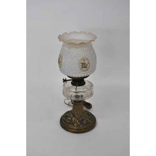 164 - Converted  oil lamp with decorative vines / flower design to base and shade. Fittings are marked 'Hi... 