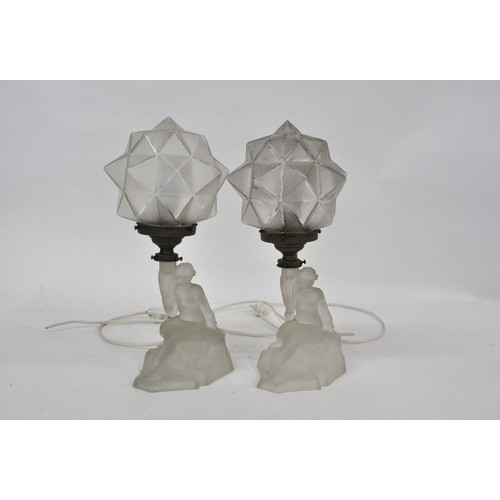 166 - x2 Art Deco lamps, with frosted base depicting female form, star globe lampshades  possibly French