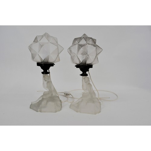 166 - x2 Art Deco lamps, with frosted base depicting female form, star globe lampshades  possibly French