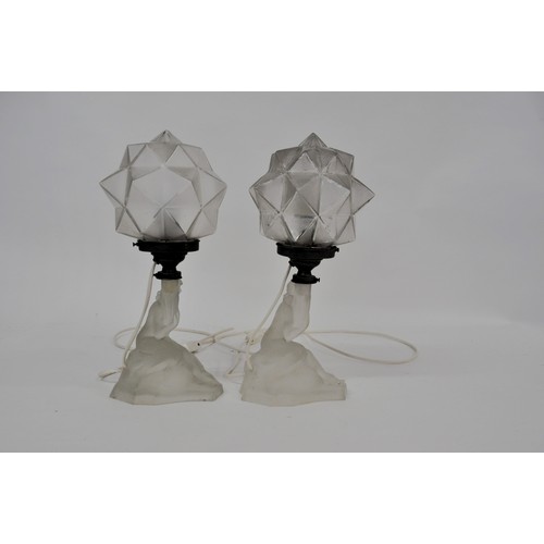 166 - x2 Art Deco lamps, with frosted base depicting female form, star globe lampshades  possibly French