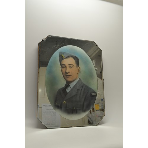 170 - Vintage bevelled mirror with coloured portrait of an RAF serviceman