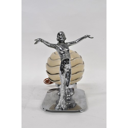 188 - Art Deco lamp with chromed lady figure with outstretched arms and a glass lamp shade on base