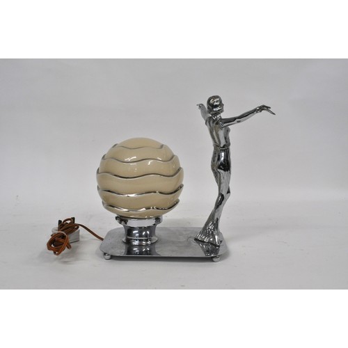 188 - Art Deco lamp with chromed lady figure with outstretched arms and a glass lamp shade on base