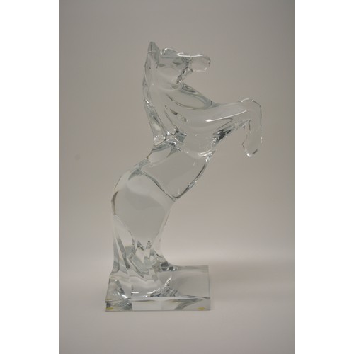 Daum Glass sculpture of rearing horse, signed Daum France to front plinth. Approx H34cm
