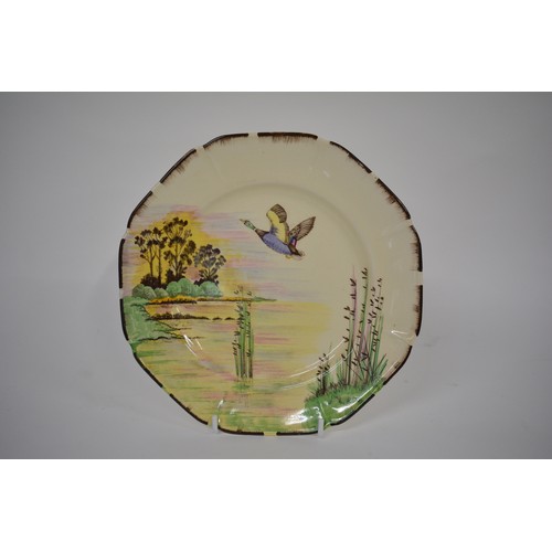 219 - Flying Mallard and duck themed items consisting of plates, decanter, ashtray, and artwork