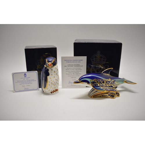 235 - Royal Crown Derby - Paplim Lyme Bay Dolphin with box and certificate and a Rockhopper Penguin 2002 t... 