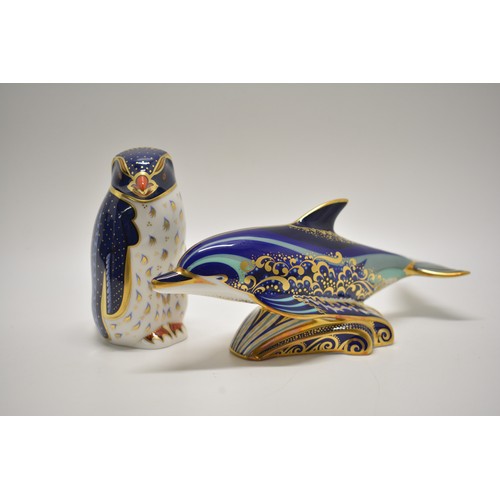 235 - Royal Crown Derby - Paplim Lyme Bay Dolphin with box and certificate and a Rockhopper Penguin 2002 t... 