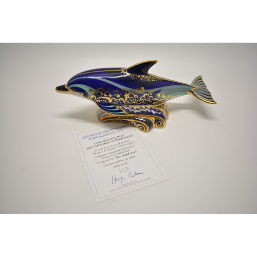 235 - Royal Crown Derby - Paplim Lyme Bay Dolphin with box and certificate and a Rockhopper Penguin 2002 t... 