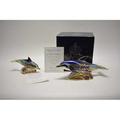 237 - x2 Royal Crown Derby paperweights - Paplim Lyme Bay Mother Dolphin with cert no. 118, Lyme Bay Dolph... 