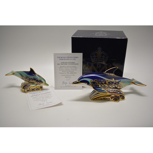 237 - x2 Royal Crown Derby paperweights - Paplim Lyme Bay Mother Dolphin with cert no. 118, Lyme Bay Dolph... 