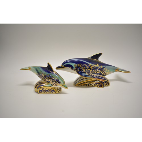 237 - x2 Royal Crown Derby paperweights - Paplim Lyme Bay Mother Dolphin with cert no. 118, Lyme Bay Dolph... 