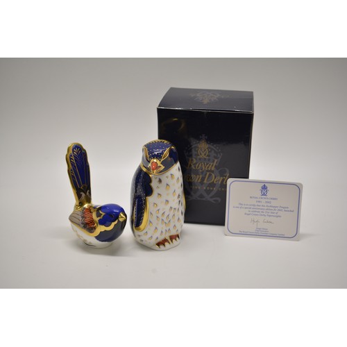 239 - Royal Crown Derby  paperweights - Fairy Wren 2003, together with a'Rockhopper Penguin'. Penguin has ... 