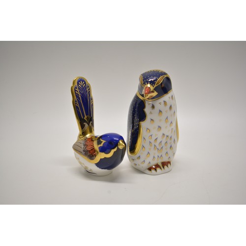 239 - Royal Crown Derby  paperweights - Fairy Wren 2003, together with a'Rockhopper Penguin'. Penguin has ... 