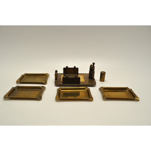 205 - Trench Art - Brass desk holder containing set of x4 ashtrays/lighter