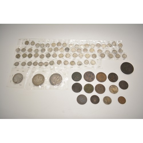 258 - Mixed UK and other coinage to include some silver Crowns,  silver 3D's, Pennies, Cartwheel coin, etc... 