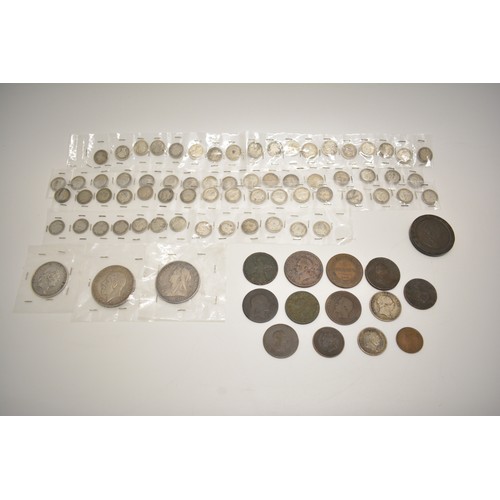 258 - Mixed UK and other coinage to include some silver Crowns,  silver 3D's, Pennies, Cartwheel coin, etc... 