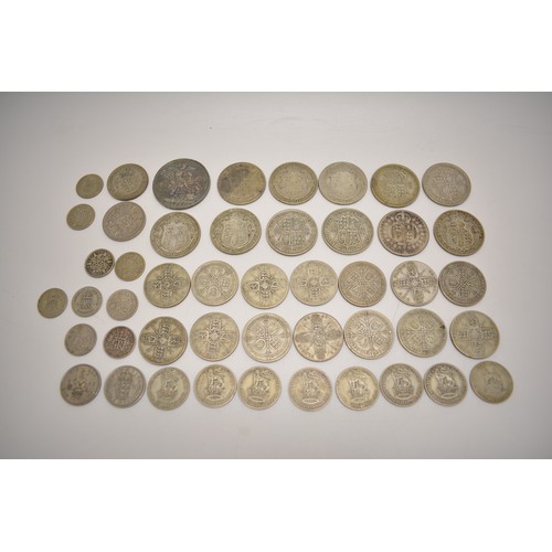 260 - Group of silver and other coins consisting of sixpences, shillings, florins, half crowns and crown.