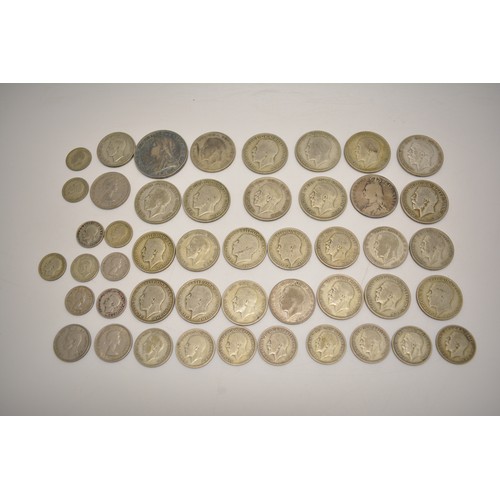 260 - Group of silver and other coins consisting of sixpences, shillings, florins, half crowns and crown.