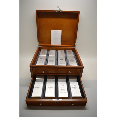 280 - Danbury Mint Historic set of U.S. SILVER dollars, 1.5 troy oz. housed in lockable box cabinet.
Years...