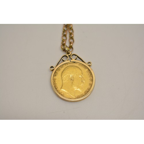 300 - 1908 Edward VII Gold full sovereign in gold mount hallmarked Birmingham together with  9ct yellow go... 