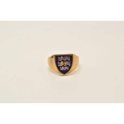 328 - Royal Mint Three Lions Ring with box and certificate, shield design with blue enamel and 3 gold lion... 