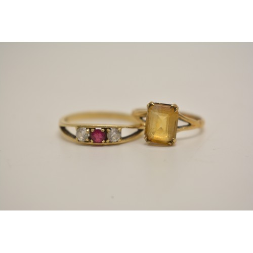 332 - x2 rings - 9ct gold ring with faceted citrine size L, stamped 9ct WN, together with one other three ... 