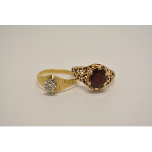 333 - x2 vintage gold rings - x1 marked 18ct gold with central diamond bark design to mount 4g, the other ... 