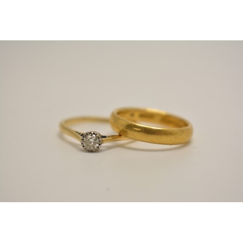 334 - x2 gold rings - 22ct yellow gold band hallmarked Birmingham approx size M/N weight 5.5g.  18ct/plat ... 