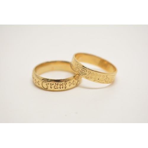 337 - x2 gold sweetheart bands, x1 hallmarked 585 approx weight 3.4g, the other is hallmarked London 375 a... 