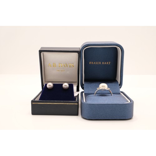 342 - Pearl Earrings and Ring - 9ct white gold ring hallmarked 375, approx size L, together with 9ct white... 