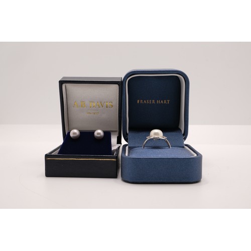 342 - Pearl Earrings and Ring - 9ct white gold ring hallmarked 375, approx size L, together with 9ct white... 