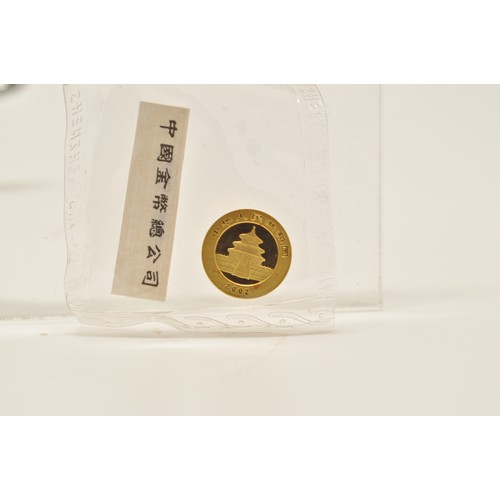 295 - Gold Panda 20 Yuan Chinese coin dated 2002, in sealed packed marked Shenzhen Guobao Min A/F