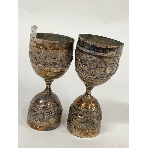 114 - x2  double chalices, embossed with animal decoration, approx weight 106g, max H11.5cm