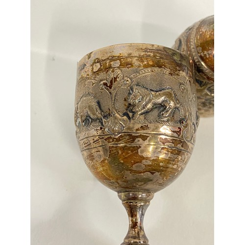 114 - x2  double chalices, embossed with animal decoration, approx weight 106g, max H11.5cm