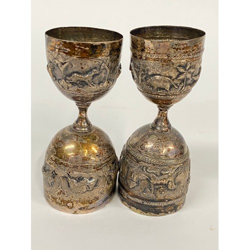 114 - x2  double chalices, embossed with animal decoration, approx weight 106g, max H11.5cm